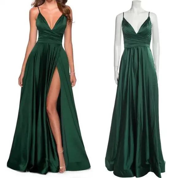 La Femme | Dresses | La Femme Emerald Green Satin Ball Gown Plunge Vneck Dress Slit Evening 6 Nwt | Poshmark La Femme | Dresses | La Femme Emerald Green Satin Ball Gown Plunge Vneck Dress Slit Evening 6 Nwt | Poshmark